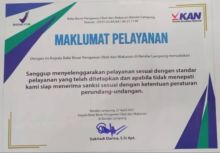 Pelayanan Publik Balai Besar POM Di Bandarlampung